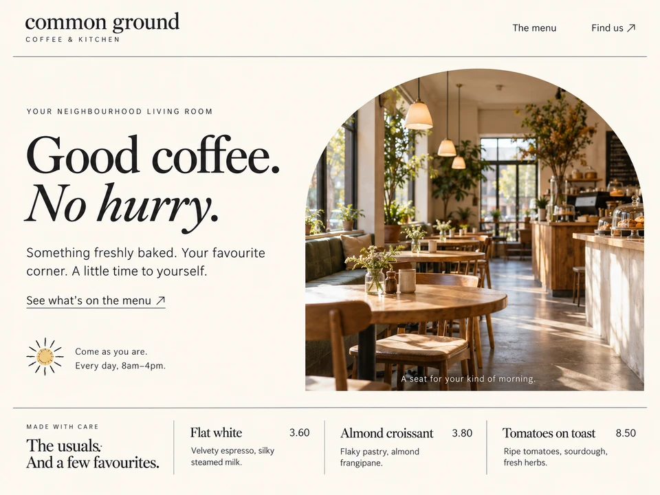 Common Ground café website with a sunlit interior photograph, opening hours and a short food and coffee menu.