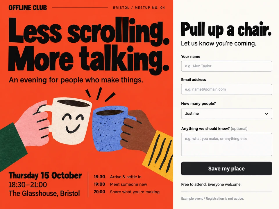 An orange Offline Club meetup poster with illustrated coffee cups, event details and a short RSVP form. The form is part of the image, not an active registration.